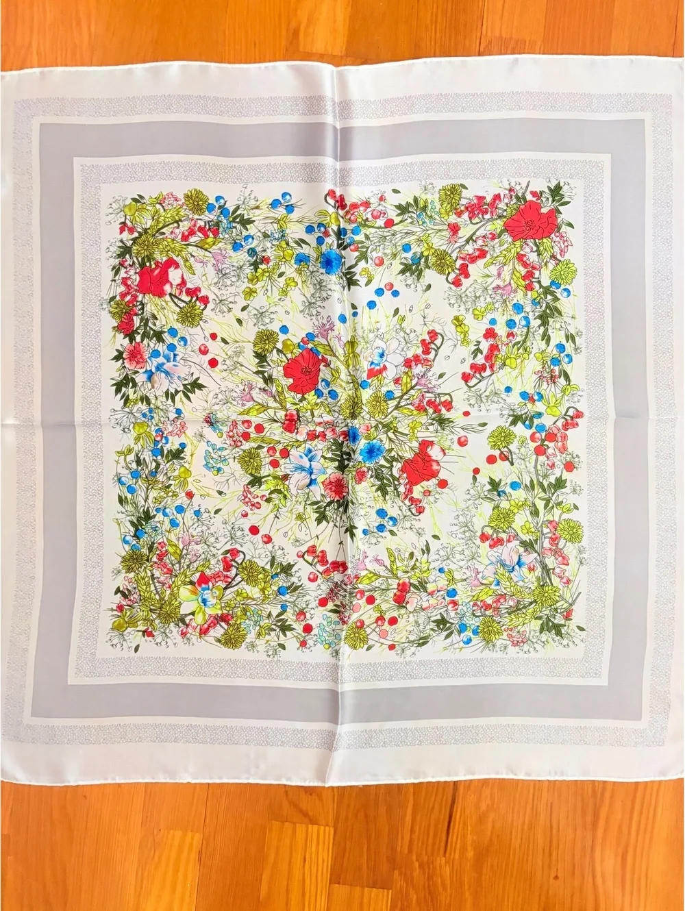 Elegant Floral Square Scarf in Satin Polyester, 68cm x 68cm, Vibrant Red, Blue,